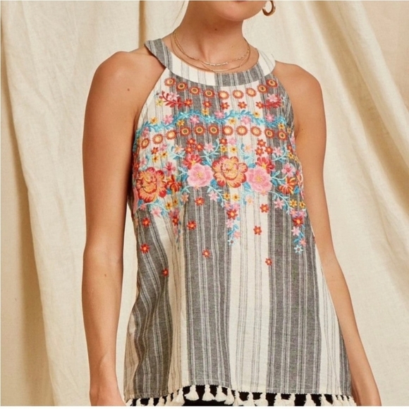 Savanna Jane Gray Cream Striped Tassel Embroidered Floral Tank Blouse Small New - Picture 1 of 7